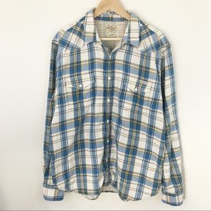 Lucky Brand Western Shirt Blue and Brown Plaid XL